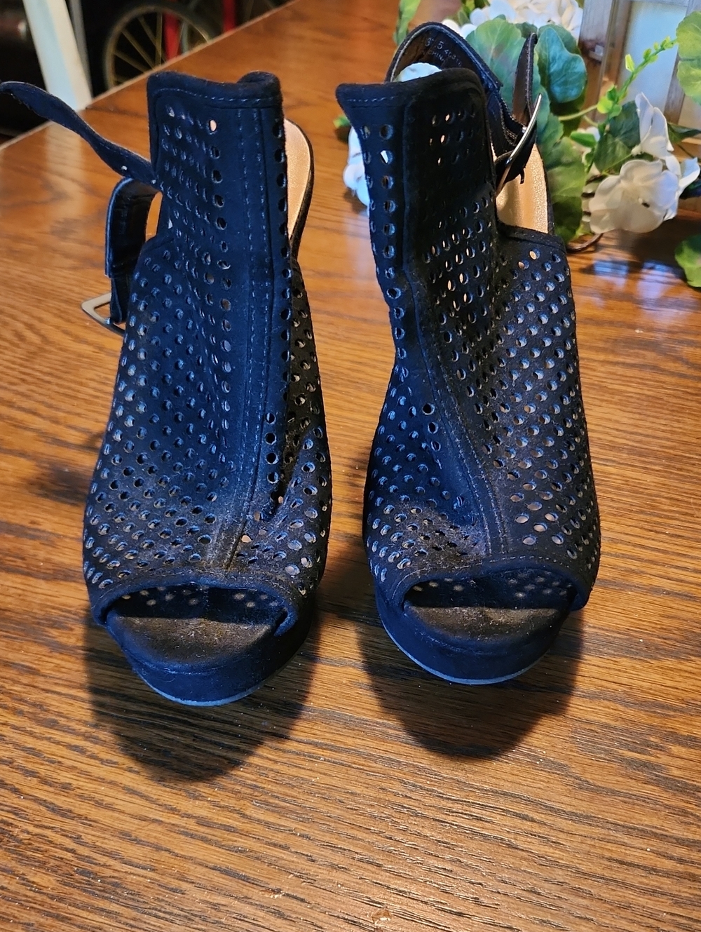 Chinese Laundry Perforated Peep-Toe Ankle Strap Heels